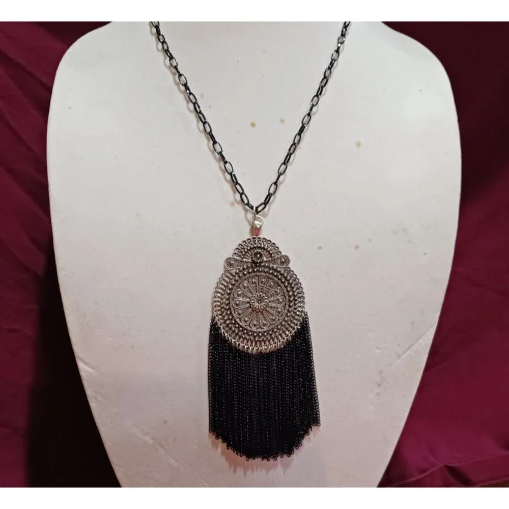 Handmade Black and Dark Silver Tassel Statement Fashion Medallion Necklace - Picture 3 of 8